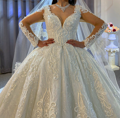 Luxury High Quality Lace long sleeves Bridal Wedding Ball Gown Dress