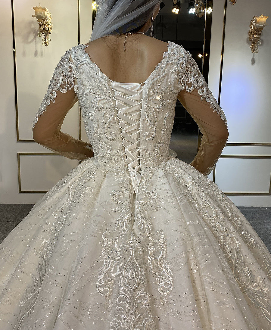 Luxury High Quality Lace long sleeves Bridal Wedding Ball Gown Dress