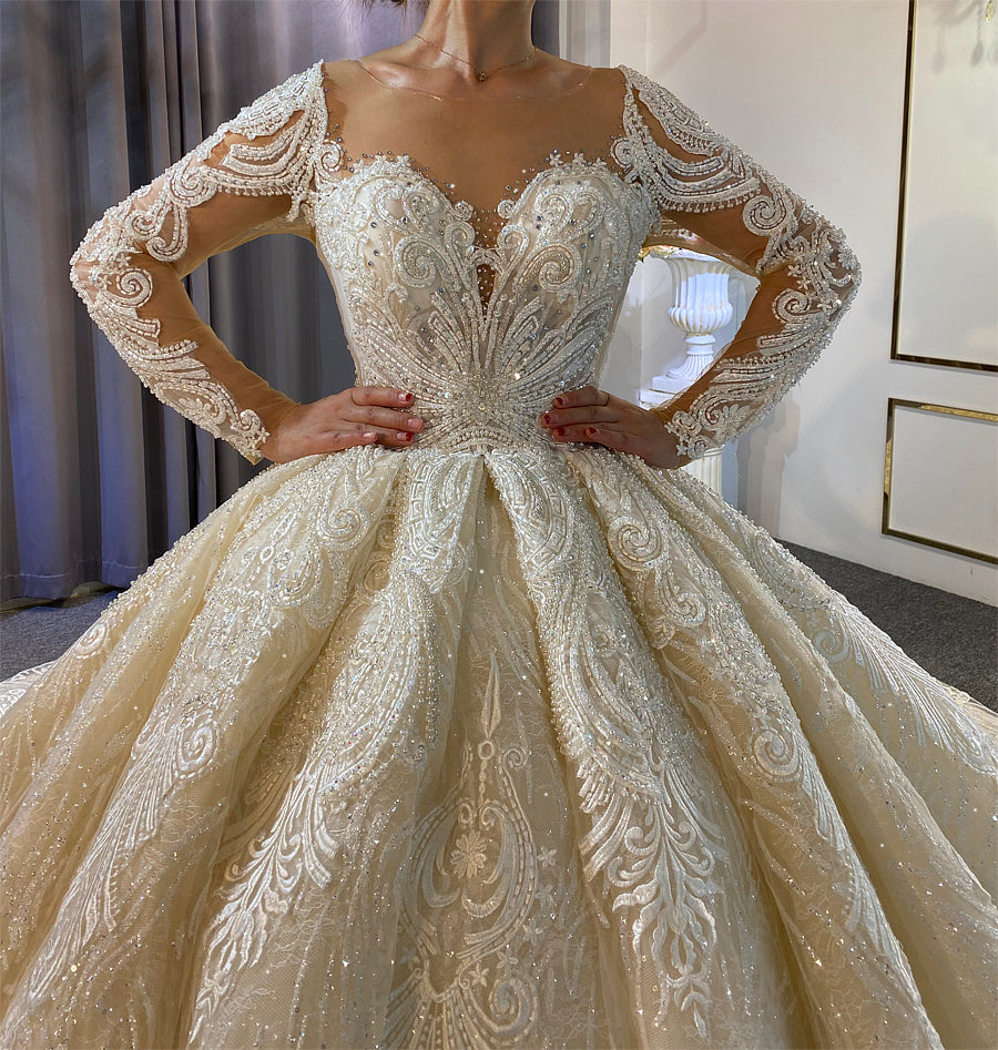 High Quality Lace long sleeves Bridal Wedding Ball Gown Dress