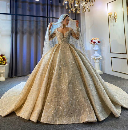 High Quality Lace long sleeves Bridal Wedding Ball Gown Dress