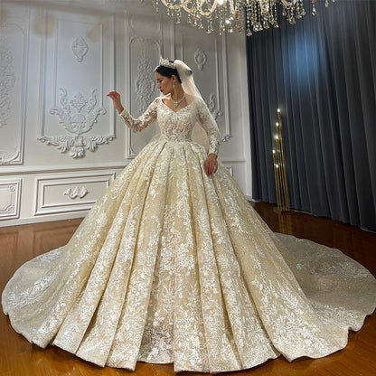 Luxury High Quality Lace long sleeves Bridal Wedding Ball Gown Dress