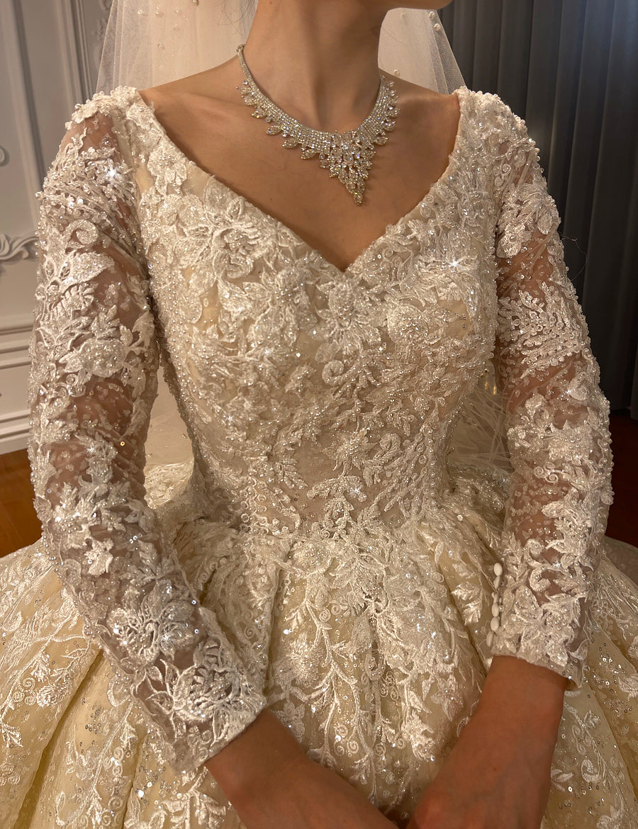 Luxury High Quality Lace long sleeves Bridal Wedding Ball Gown Dress