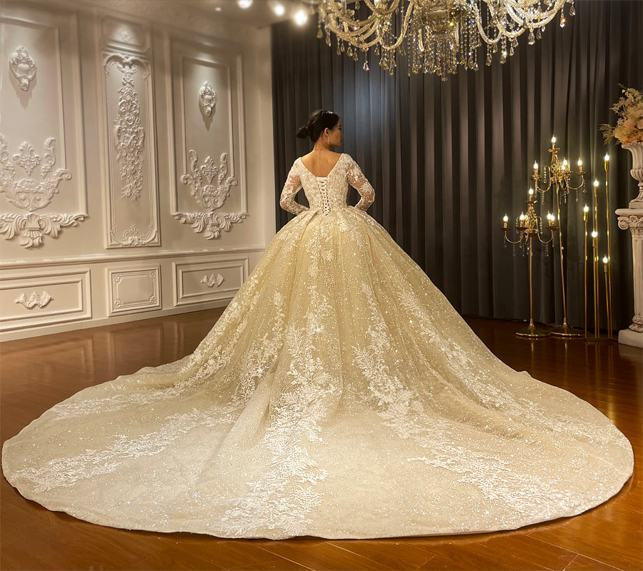 Luxury High Quality Lace long sleeves Bridal Wedding Ball Gown Dress