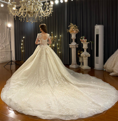 Luxury Beaded Long Sleeve   Ball Gown Bridal Wedding Dress