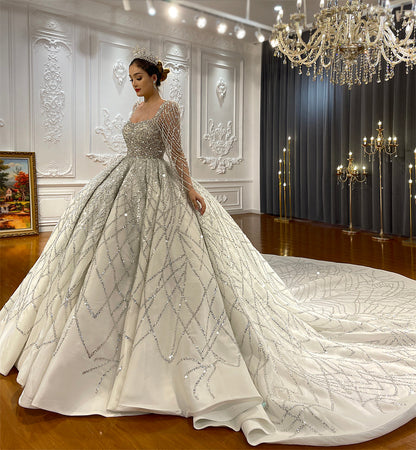 Luxury High Quality Lace long sleeves Bridal Wedding Ball Gown Dress