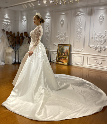 New Mermaid Wedding Dress Elegant Beaded Cross Lace Satin Wedding Dress With Detachable Train