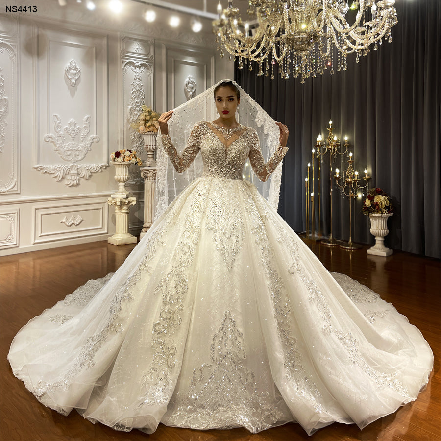 Heavy Beaded Long Sleeve Luxury  Ball Gown Bridal Wedding Dress