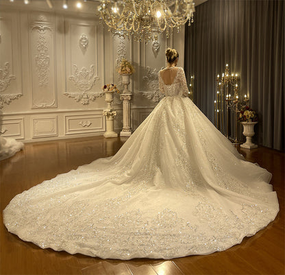 Heavy Beaded Long Sleeve Luxury  Ball Gown Bridal Wedding Dress