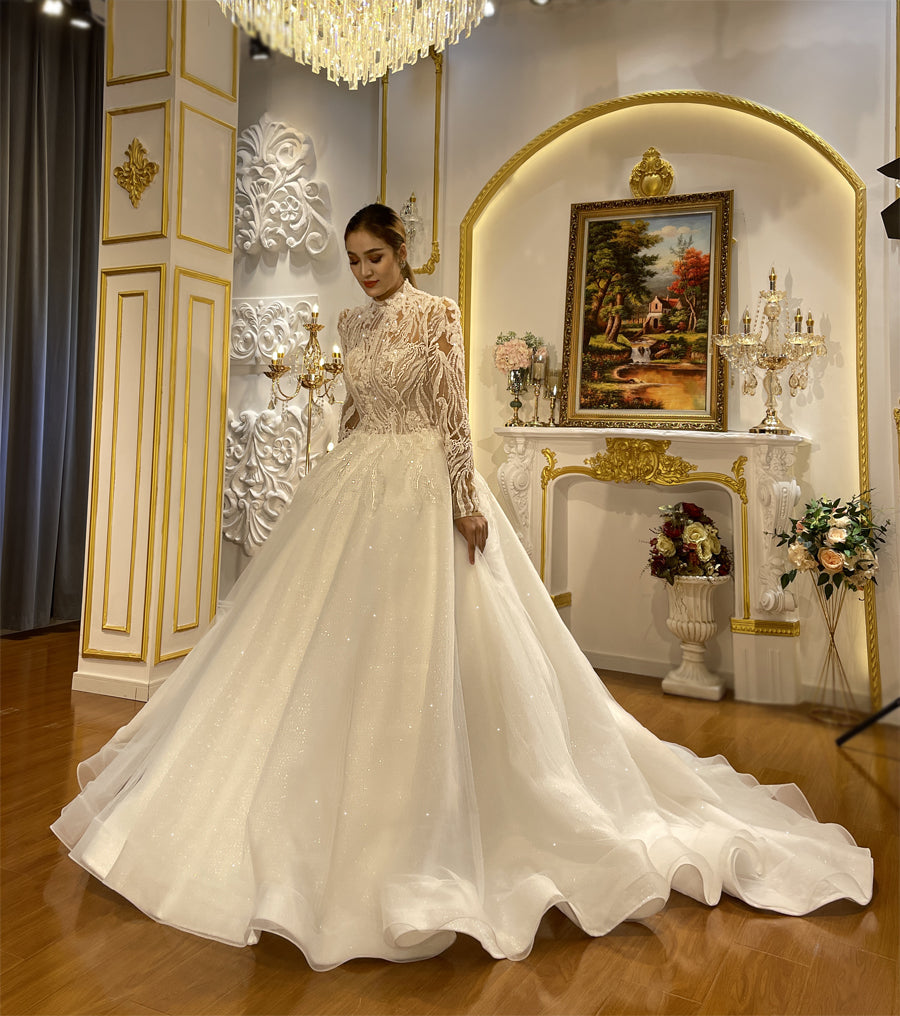 High Quality Lace long sleeves Bridal Wedding Ball Gown Dress