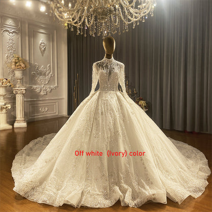 Heavy Beaded Long Sleeve Luxury  Ball Gown Bridal Wedding Dress