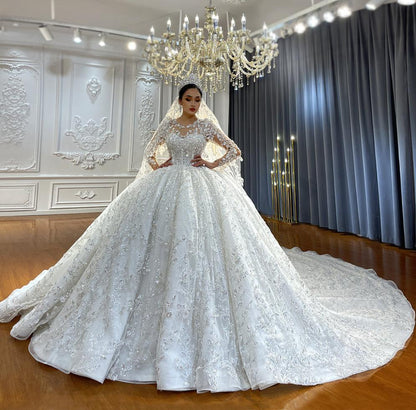 Heavy Beaded Long Sleeve Luxury dreamy  Ball Gown Bridal Wedding Dress