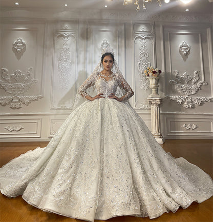 Heavy Beaded Long Sleeve Luxury dreamy  Ball Gown Bridal Wedding Dress