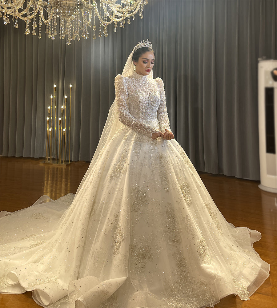 Modest Luxurious Bridal Gowns Long Tail high neck lace Dream Wedding Dress