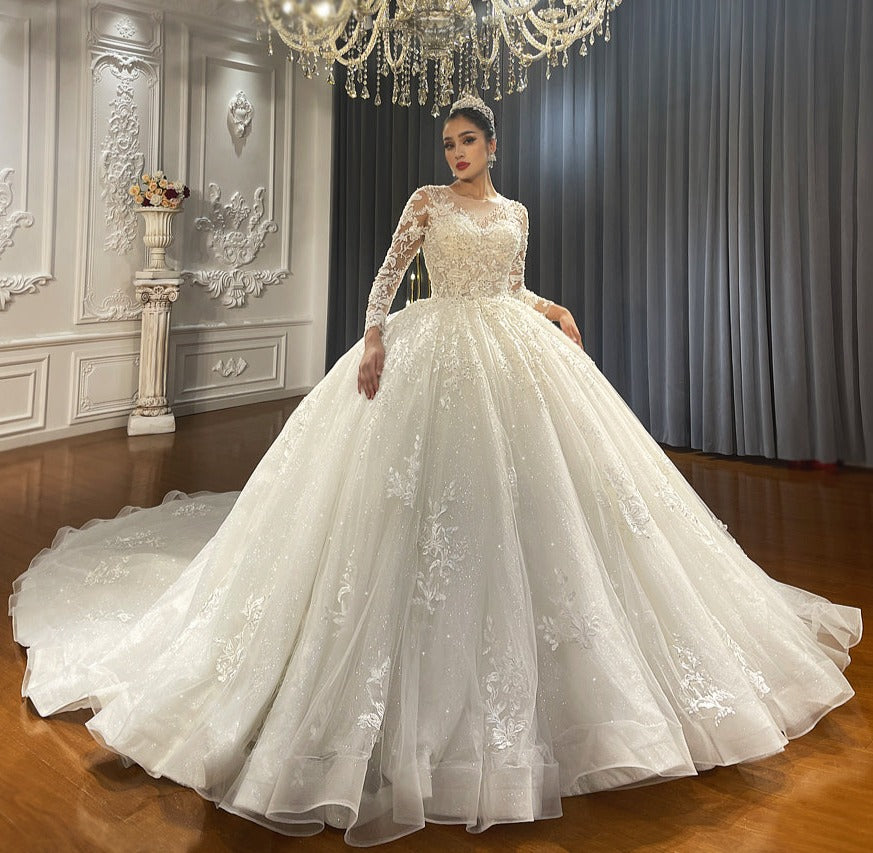 Glittery Illusion luxurious Long Ball Gown Wedding dress