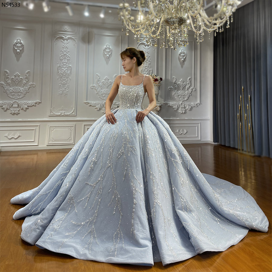 Luxurious blue straps Embellishments Wedding Dress Ball Gown