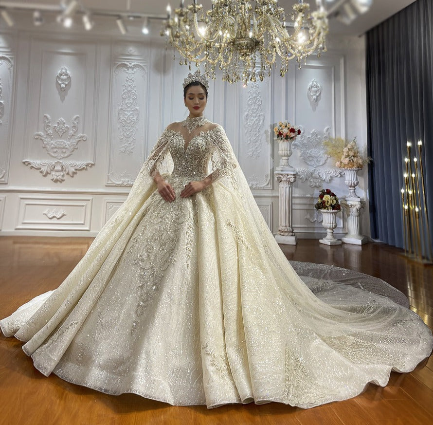 Heavy Beaded Long Sleeve with cape Luxury Bridal Wedding Dress