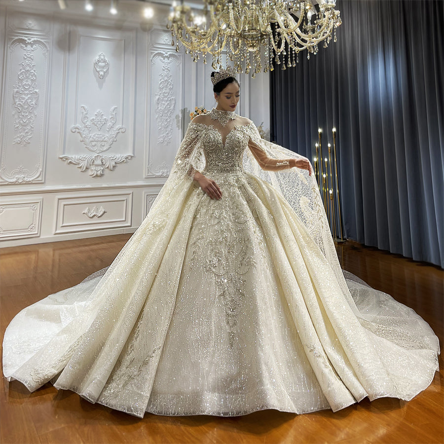 Heavy Beaded Long Sleeve with cape Luxury Bridal Wedding Dress