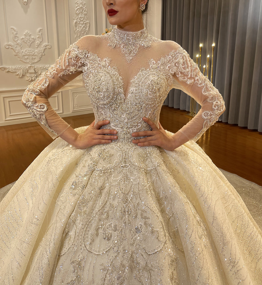 Heavy Beaded Long Sleeve with cape Luxury Bridal Wedding Dress