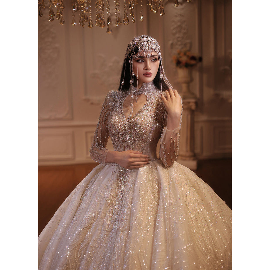 Luxury High Quality Lace long sleeves Bridal Wedding Ball Gown Dress