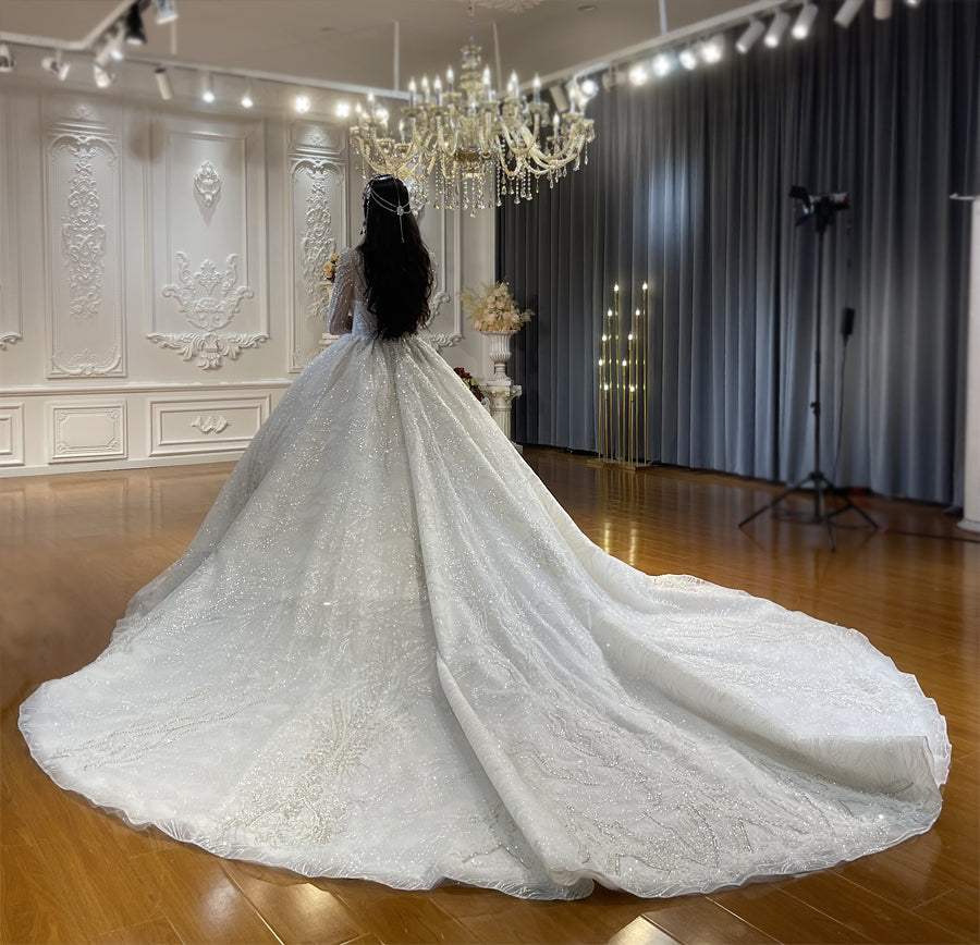 Luxury High Quality Lace long sleeves Bridal Wedding Ball Gown Dress