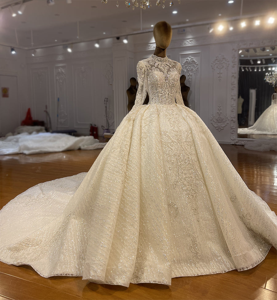 High Quality Lace long sleeves Bridal Wedding Ball Gown Dress