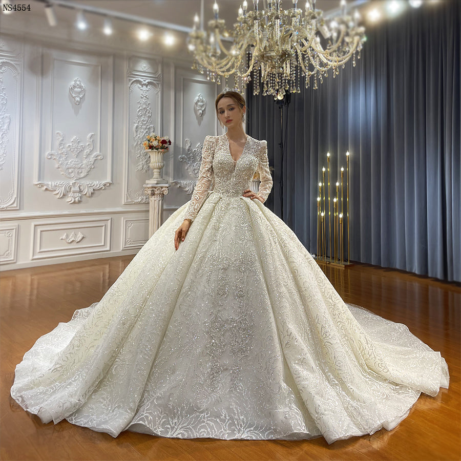 Luxury Lace long sleeves Bridal Wedding Ball Gown Dress