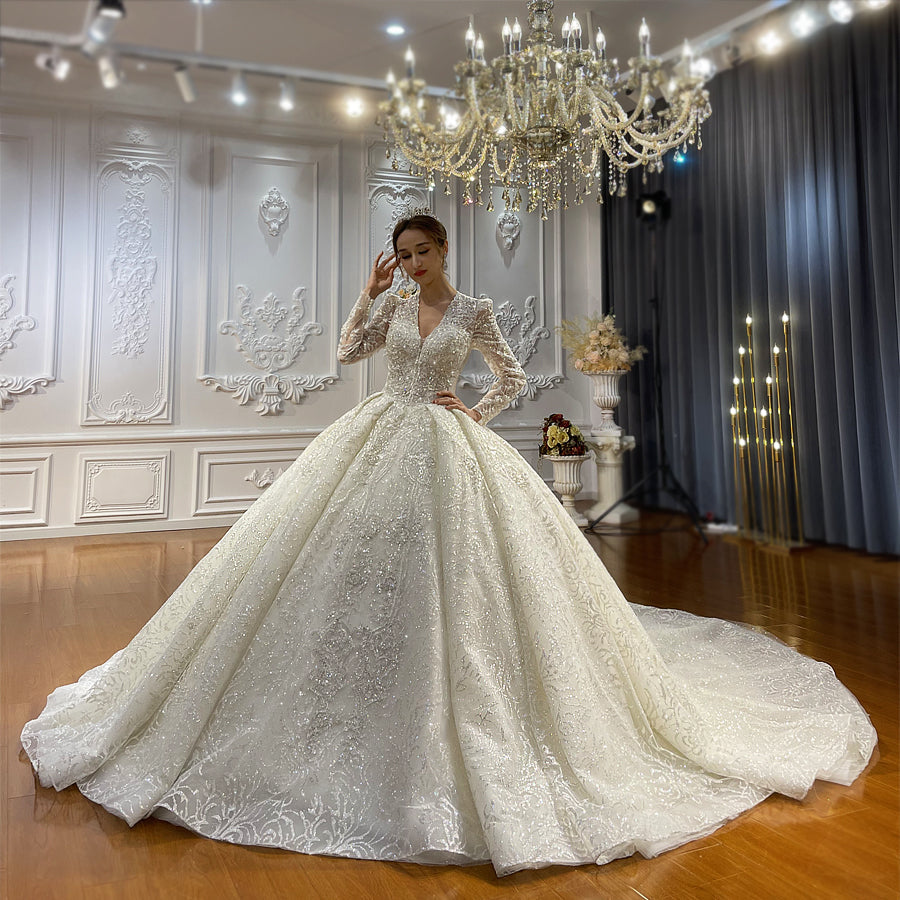 Luxury Lace long sleeves Bridal Wedding Ball Gown Dress