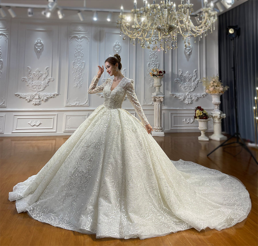 Luxury Lace long sleeves Bridal Wedding Ball Gown Dress