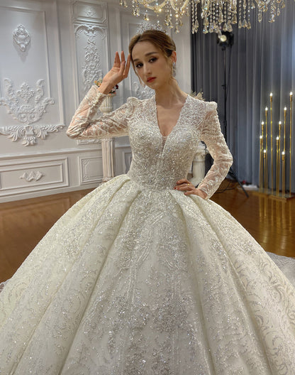 Luxury Lace long sleeves Bridal Wedding Ball Gown Dress