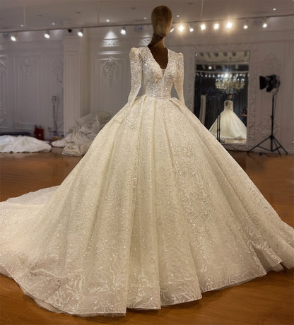 Luxury Lace long sleeves Bridal Wedding Ball Gown Dress