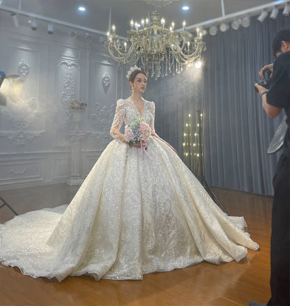 High Quality Lace long sleeves Bridal Wedding Ball Gown Dress