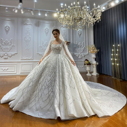 Luxurious High Quality Lace long sleeves Bridal Wedding Ball Gown Dress