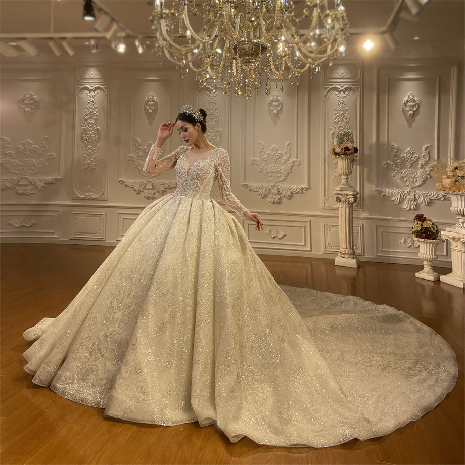 High Quality Lace long sleeves Bridal Wedding Ball Gown Dress