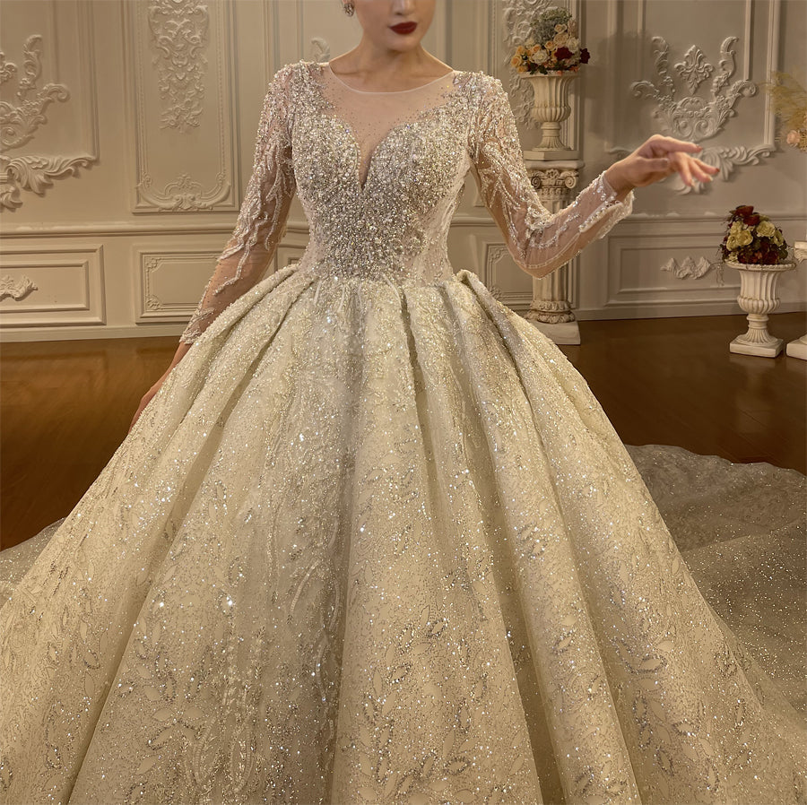 High Quality Lace long sleeves Bridal Wedding Ball Gown Dress