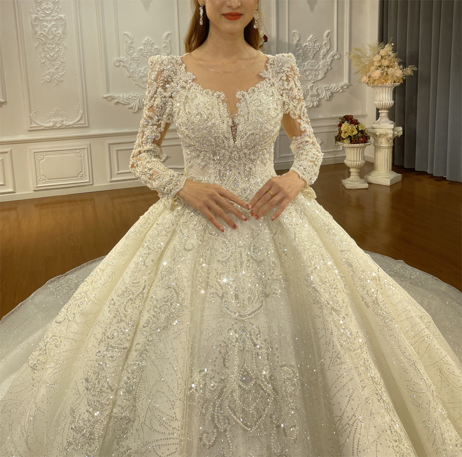 High Quality Lace long sleeves Bridal Wedding Ball Gown Dress