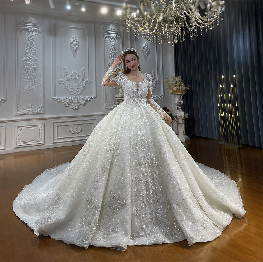 High Quality Lace long sleeves Bridal Wedding Ball Gown Dress