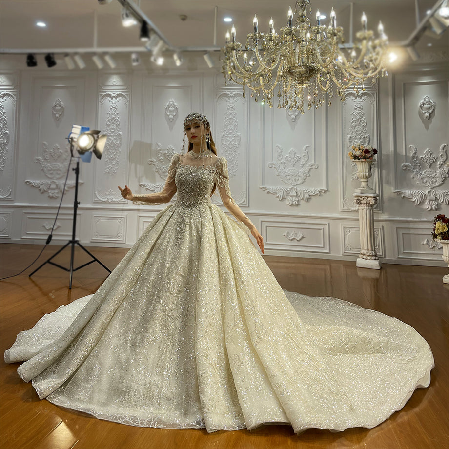 Luxury High Quality Lace long sleeves Bridal Wedding Ball Gown Dress