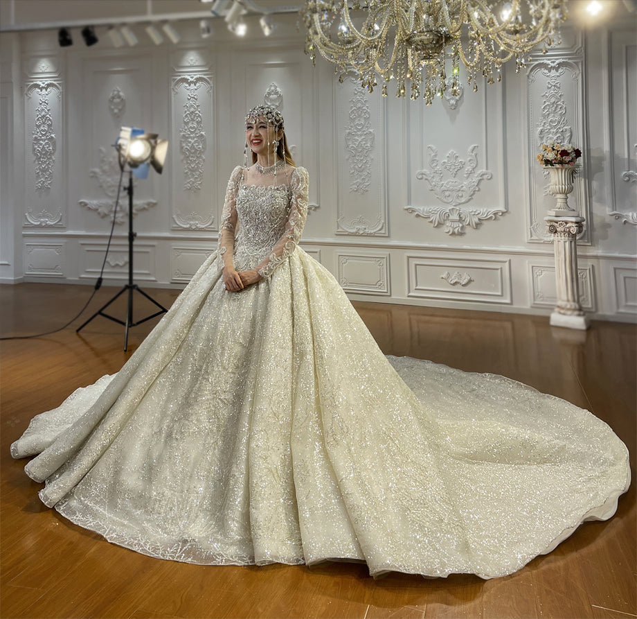 Luxury High Quality Lace long sleeves Bridal Wedding Ball Gown Dress