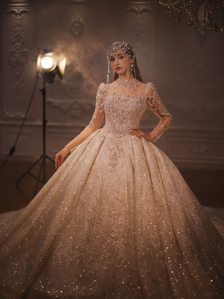 Luxury High Quality Lace long sleeves Bridal Wedding Ball Gown Dress