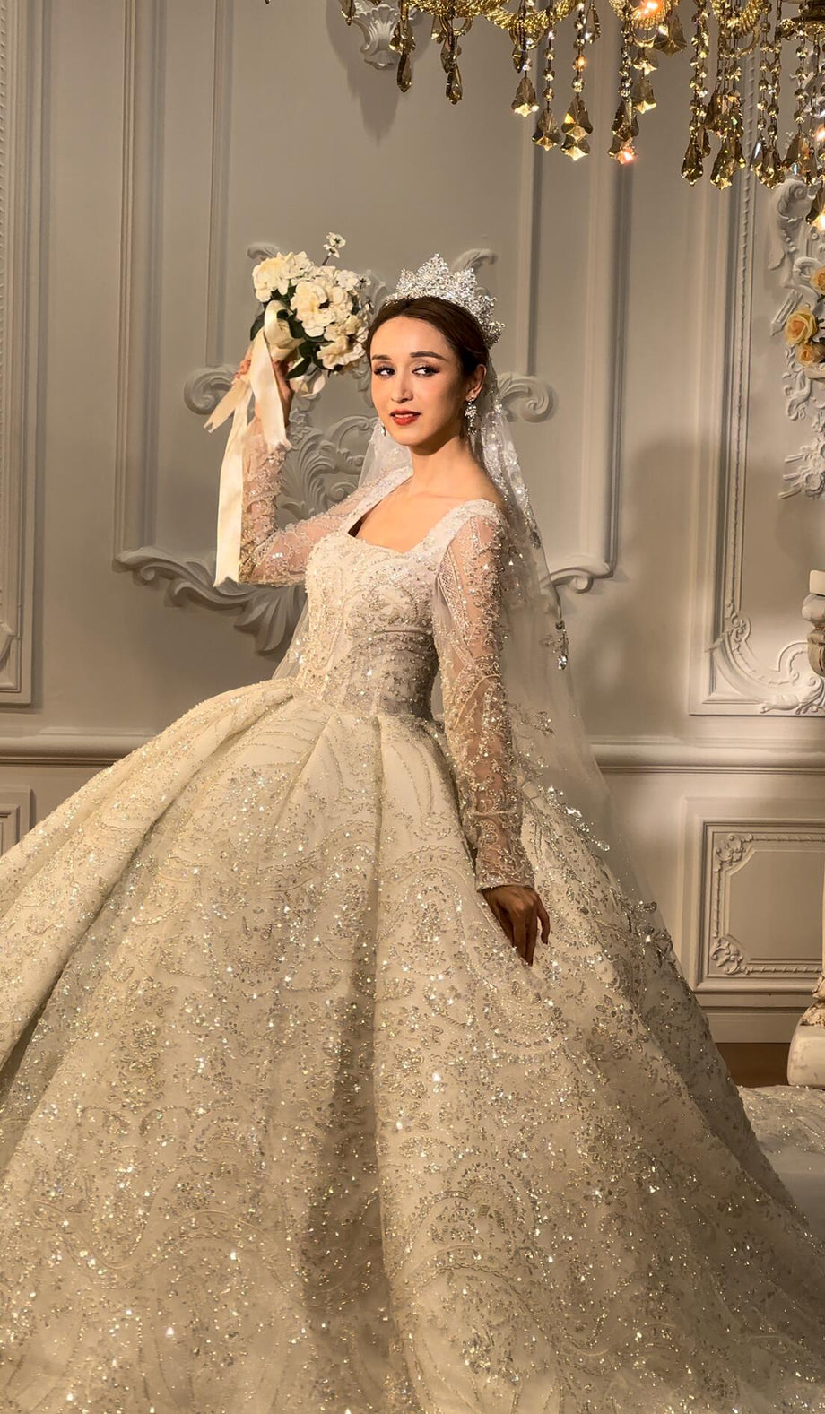 High Quality Lace long sleeves Bridal Wedding Ball Gown Dress