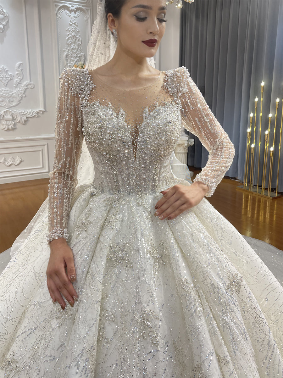 High Quality Lace long sleeves Bridal Wedding Ball Gown Dress