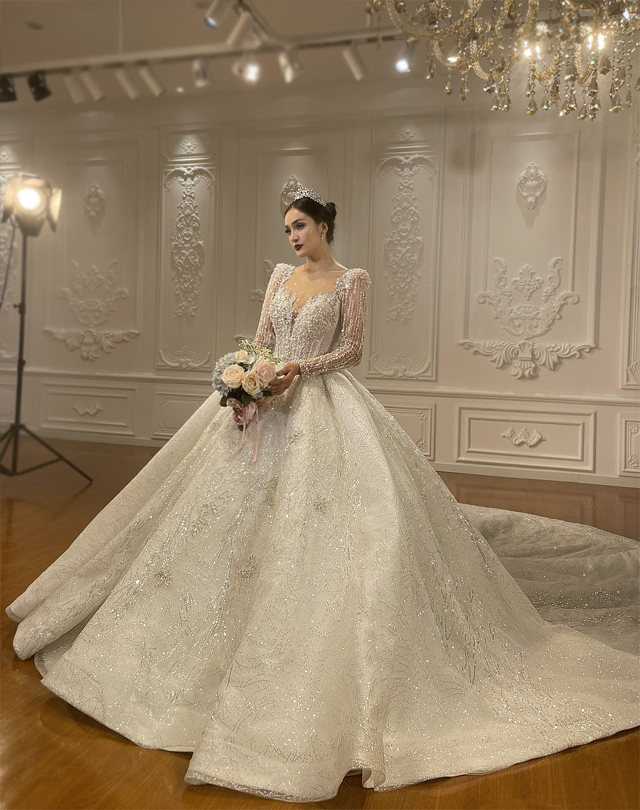 High Quality Lace long sleeves Bridal Wedding Ball Gown Dress