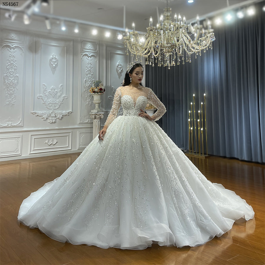 High Quality Lace long sleeves Bridal Wedding Ball Gown Dress