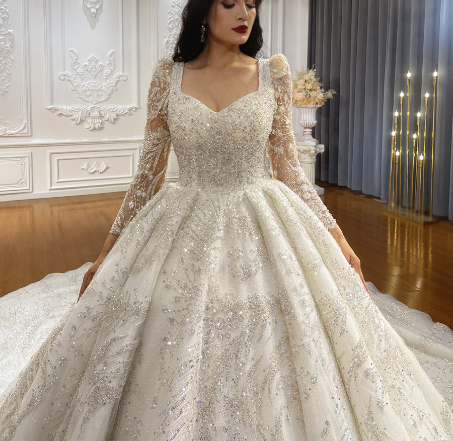 Luxury High Quality Lace long sleeves Bridal Wedding Ball Gown Dress