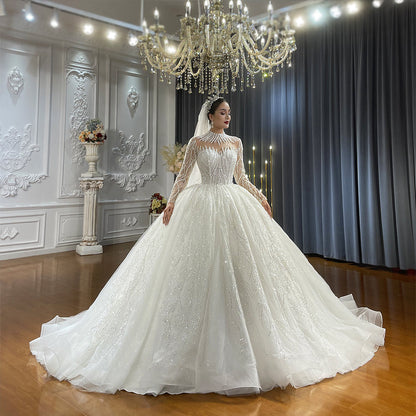 Luxury Bridal high quality high neck Long Tail lace Dream Wedding Dress