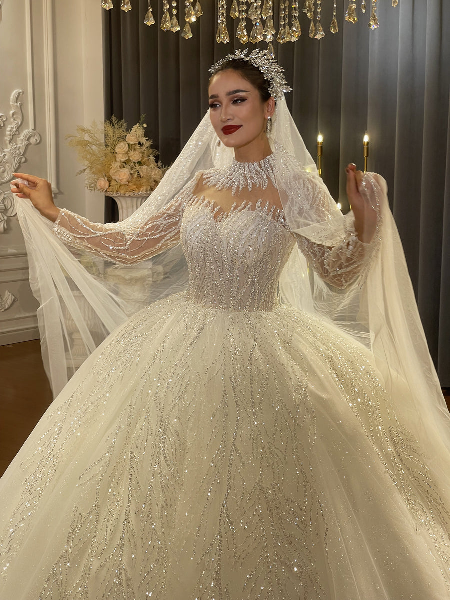 Luxury Bridal high quality high neck Long Tail lace Dream Wedding Dress