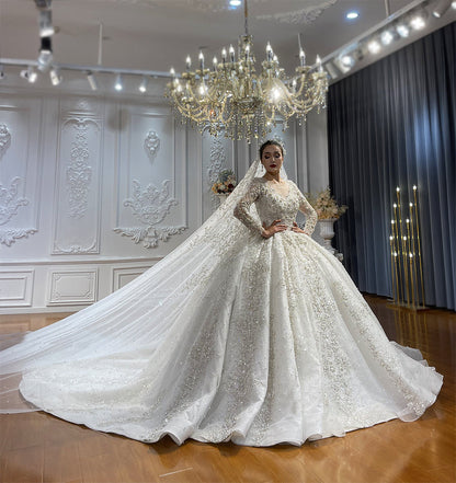 Luxury High Quality Lace long sleeves Bridal Wedding Ball Gown Dress