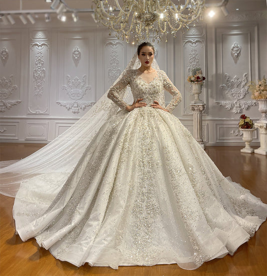 Luxury High Quality Lace long sleeves Bridal Wedding Ball Gown Dress