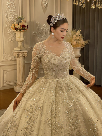 Luxury High Quality Lace long sleeves Bridal Wedding Ball Gown Dress