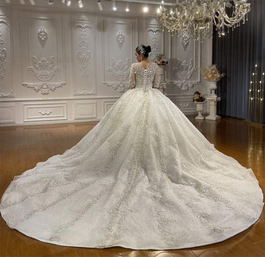 Luxury High Quality Lace long sleeves Bridal Wedding Ball Gown Dress